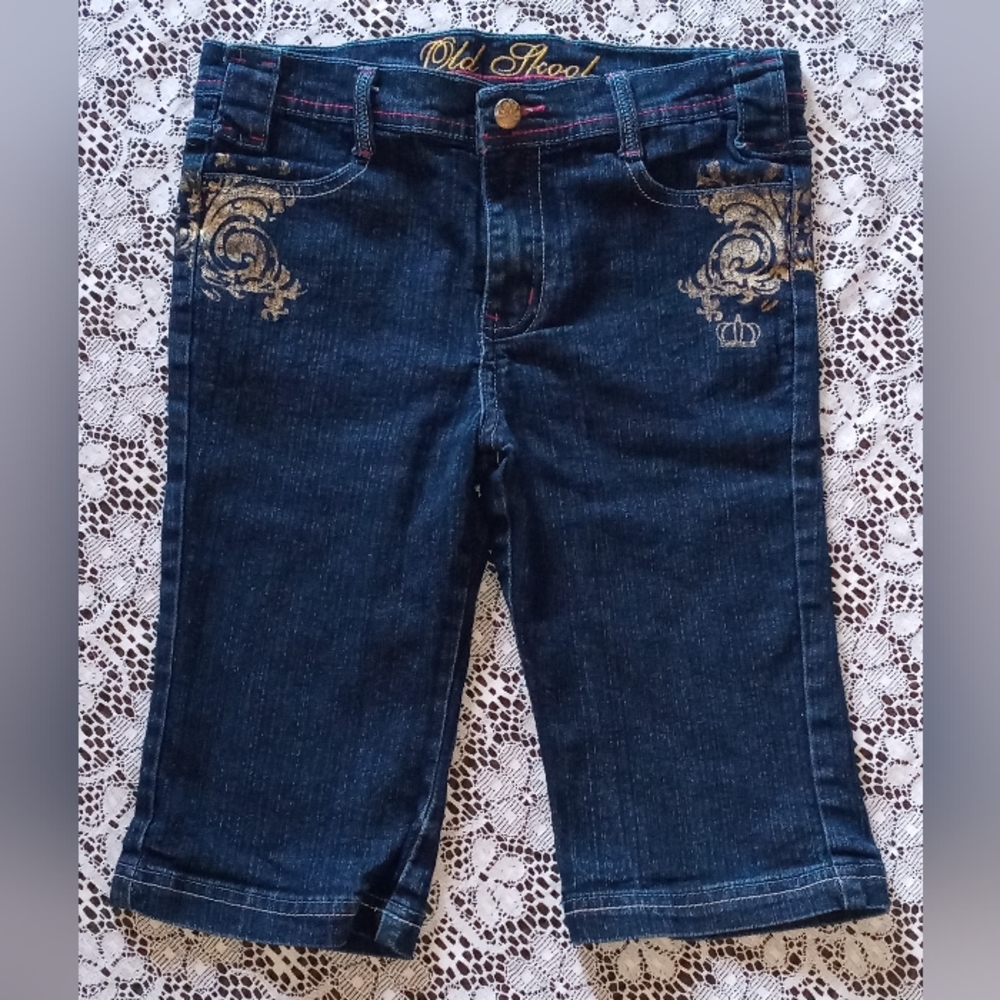 OLD SKOOL GIRLS BLUE DENIM SHORTS - SIZE 10 Bermuda Graphics Embroidery Urban